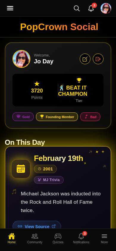 PopCrown Michael Jackson fan app home dashboard - MJ points system membership tiers On This Day history King of Pop daily updates