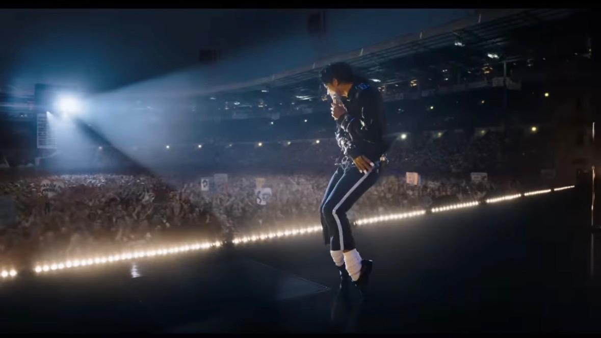 Jaafar Jackson as Michael Jackson performing on stage in the Michael biopic 2026