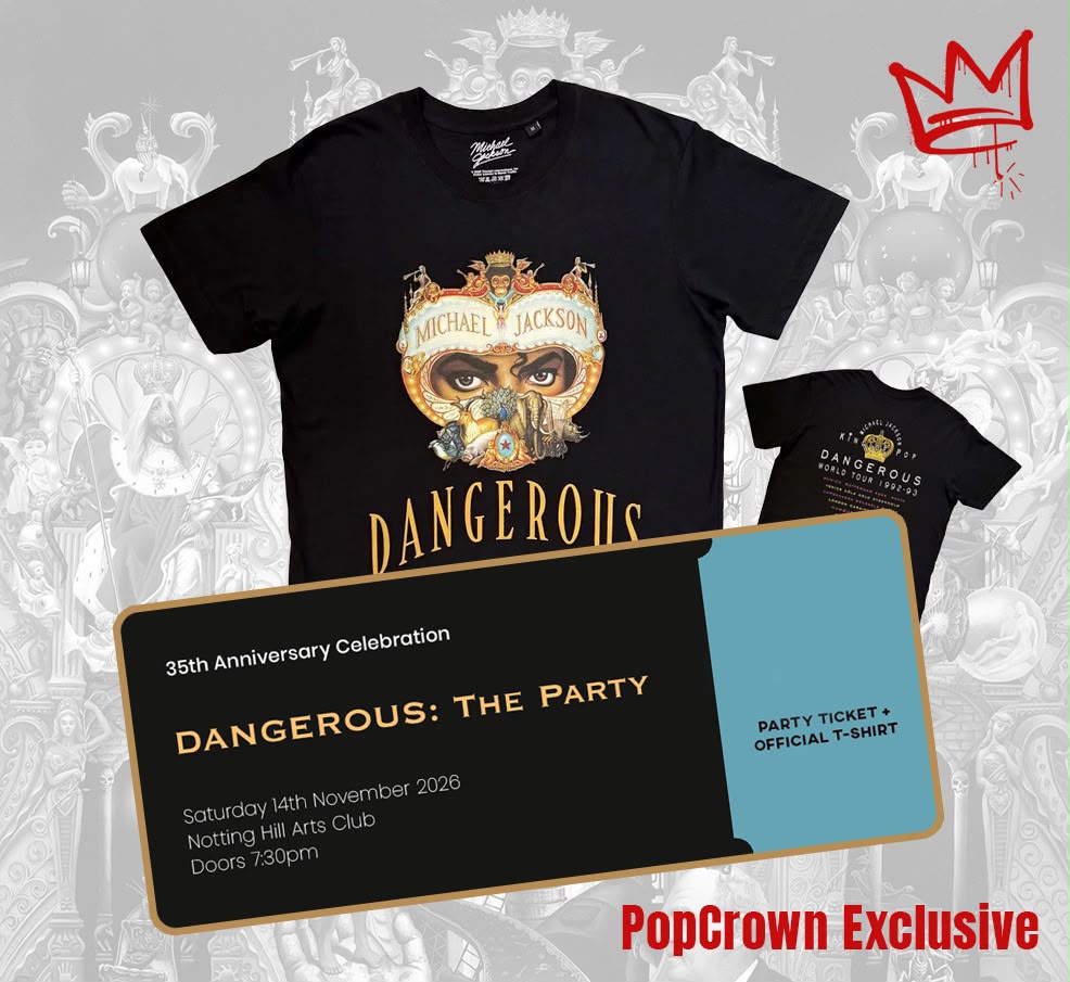 PopCrown Exclusive Early Bird Bundle — Official Michael Jackson Dangerous 35th Anniversary T-shirt front and back plus DANGEROUS: The Party ticket for Saturday 14 November 2026 at Notting Hill Arts Club, London
